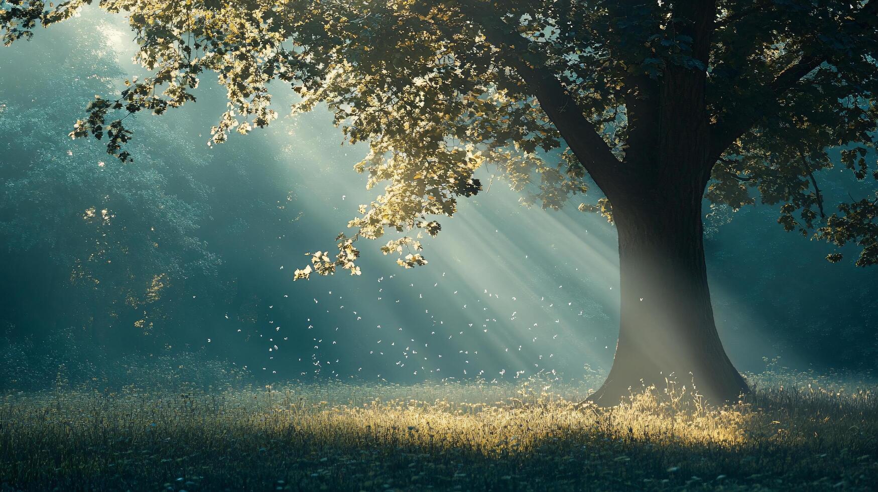 A tree is in the foreground of a field of grass photo