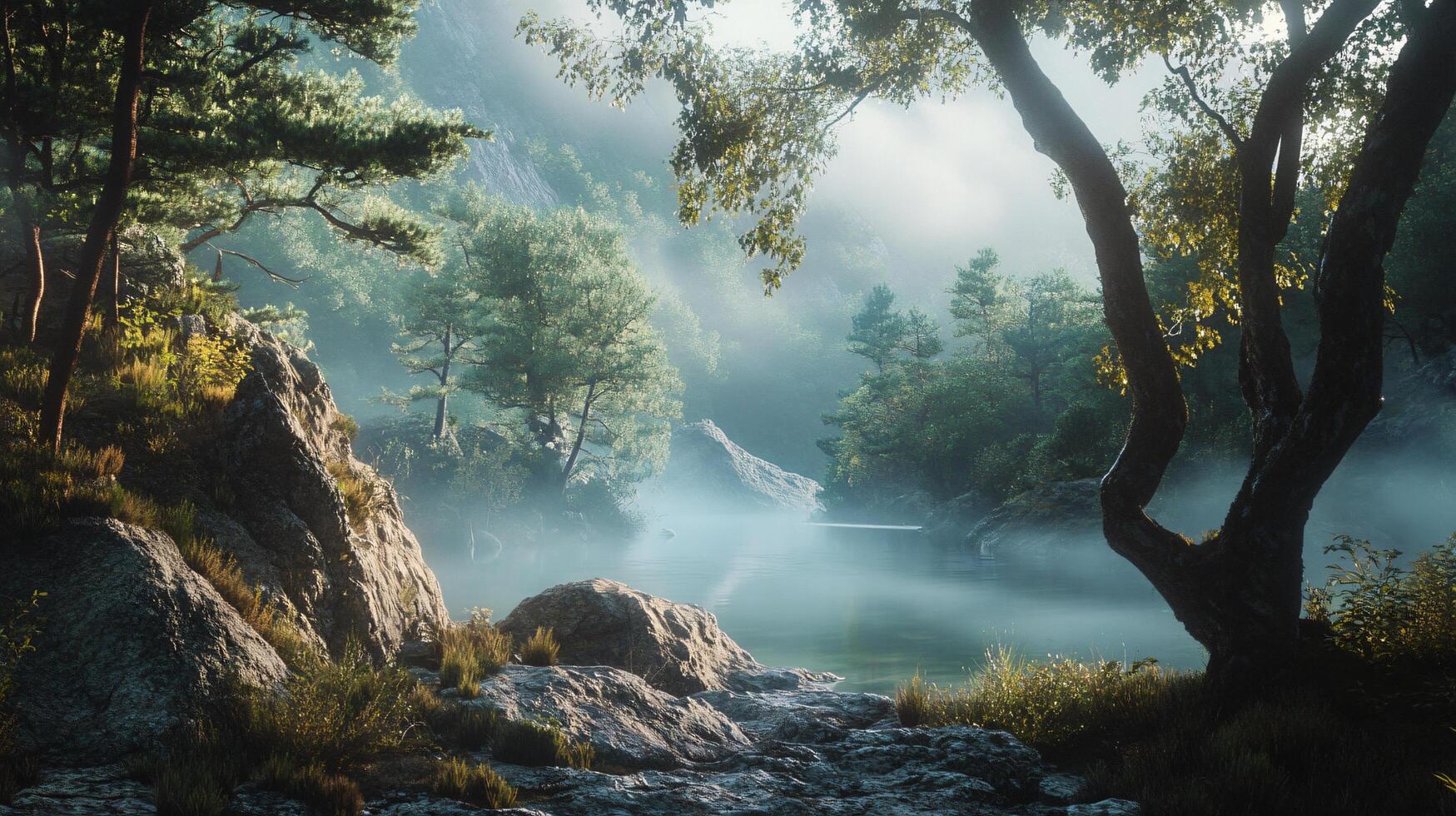 A forest scene with a river and a tree photo