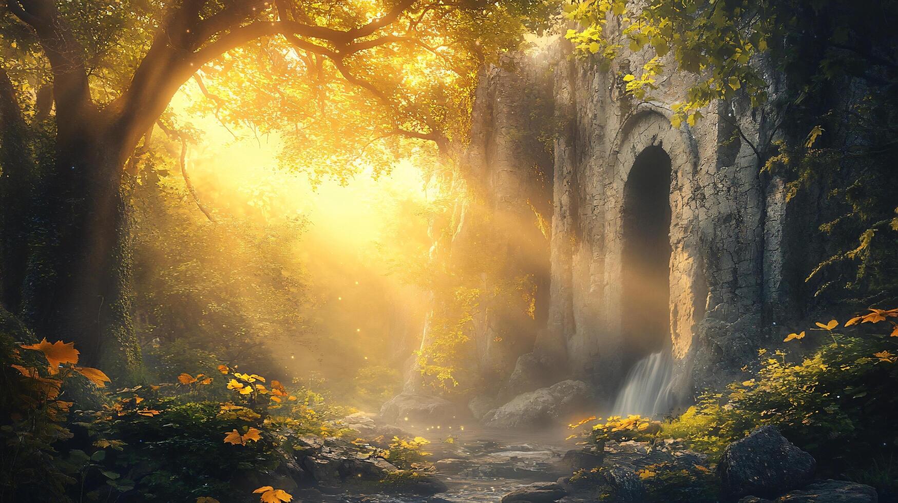 A forest with a large archway in the middle photo