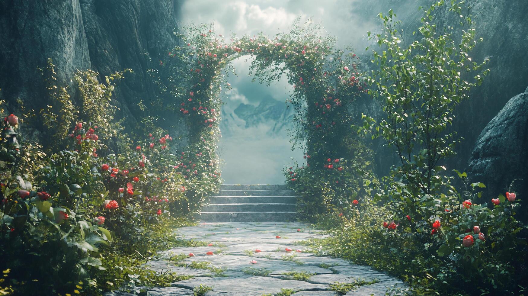 A beautiful garden with a stone archway leading to a path photo