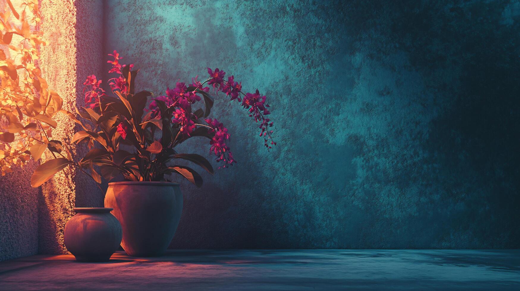 A vase with a purple flower in it sits on a table next to a wall photo