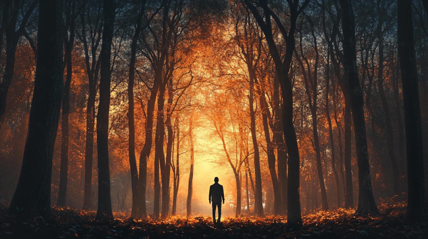 A man is walking through a forest at dusk photo