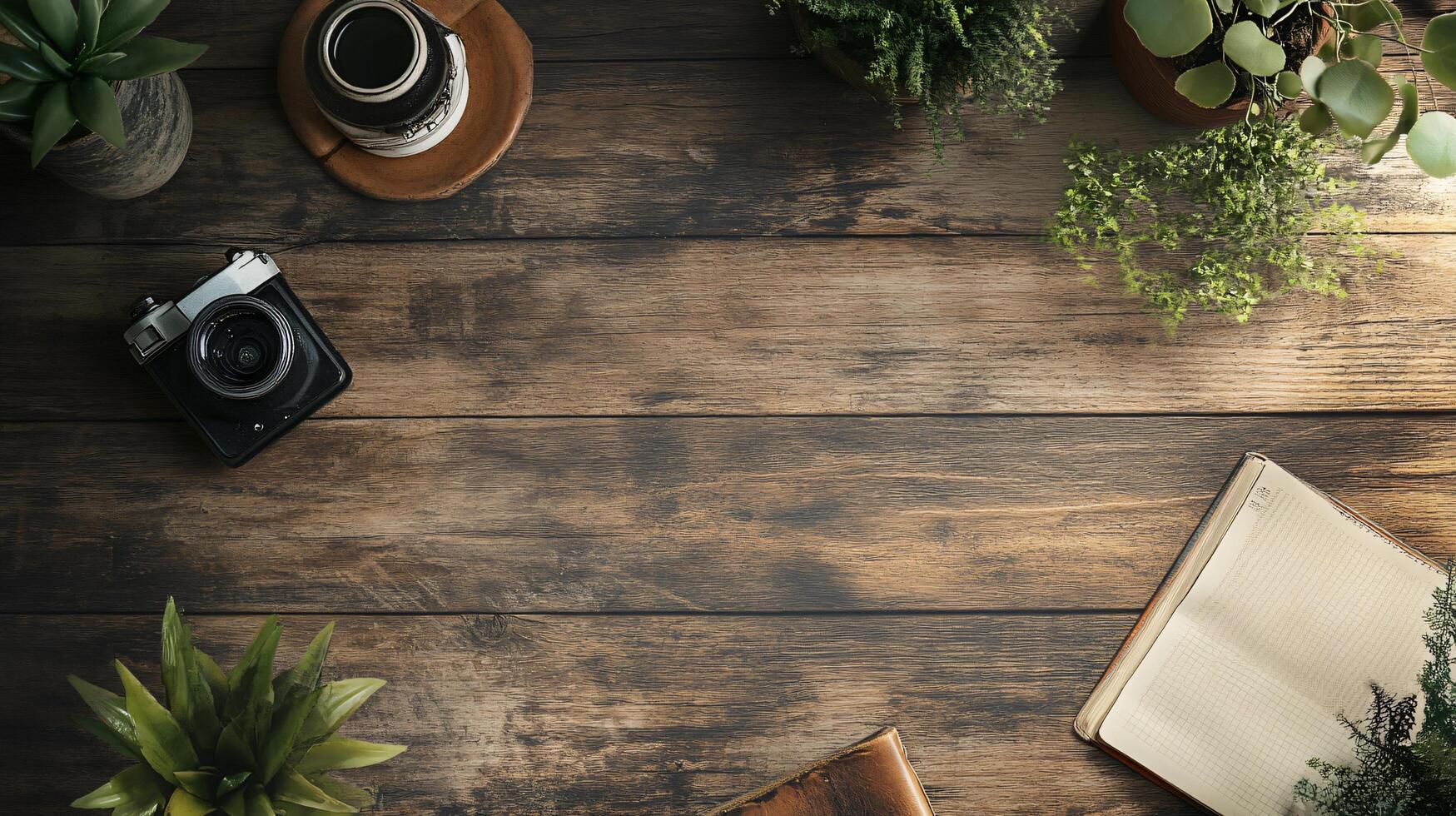 A wooden table with a camera, a notebook, and potted plants photo