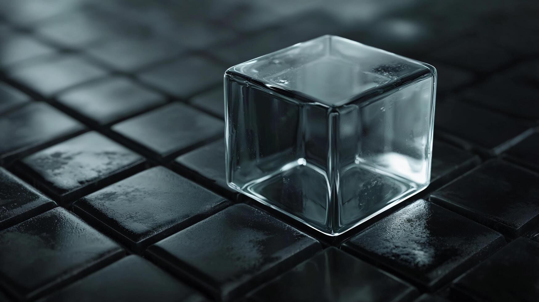 A cube made of ice is sitting on a black tile floor photo