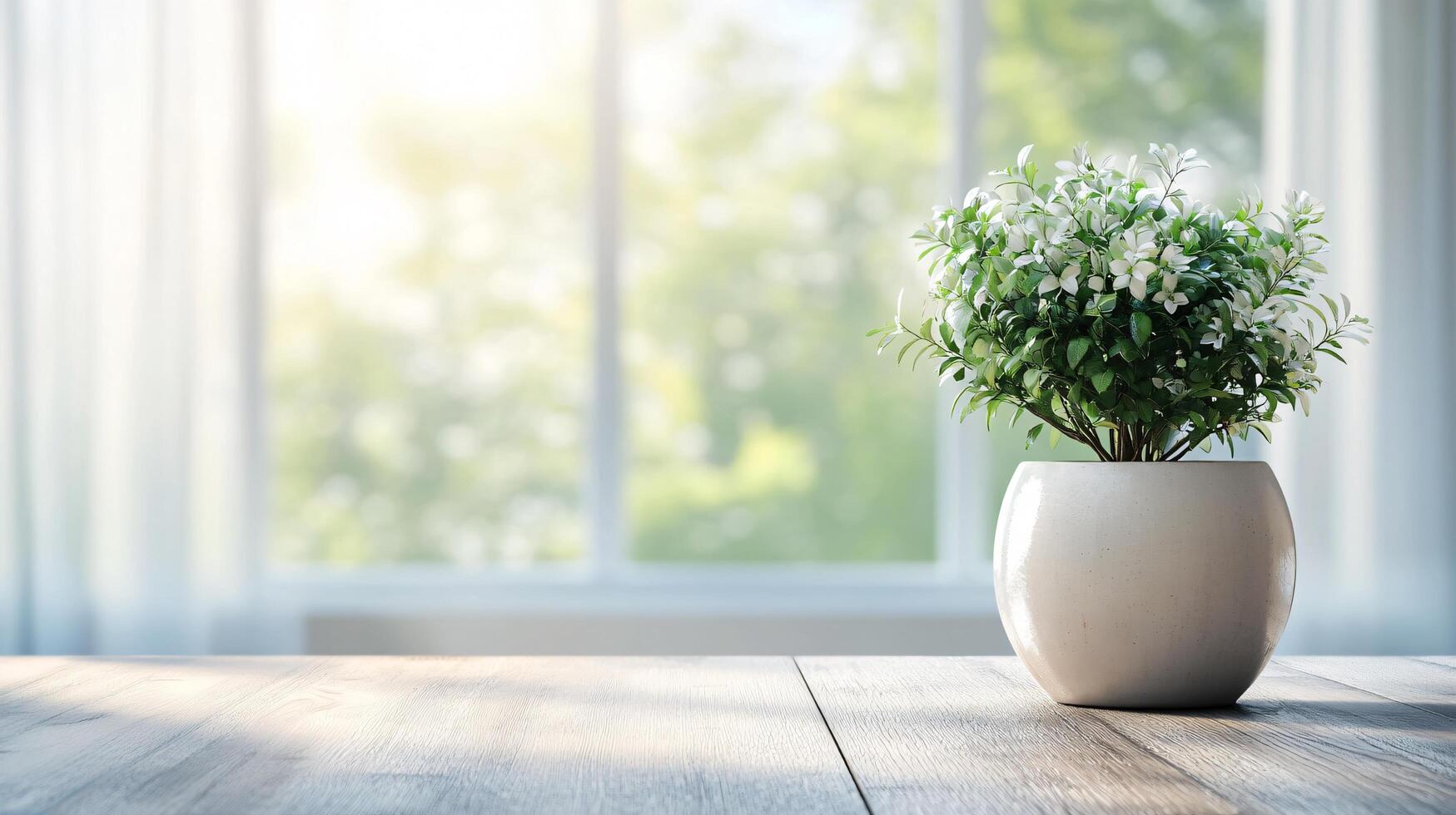 A white vase with a plant in it sits on a wooden table by a window photo