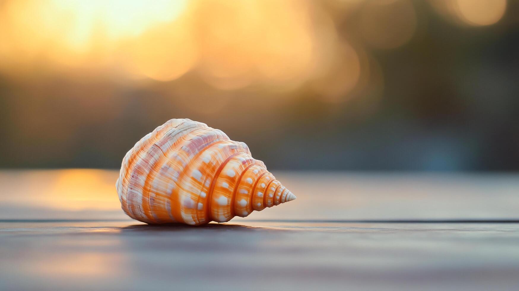 A small orange and white shell is laying on a wooden table photo