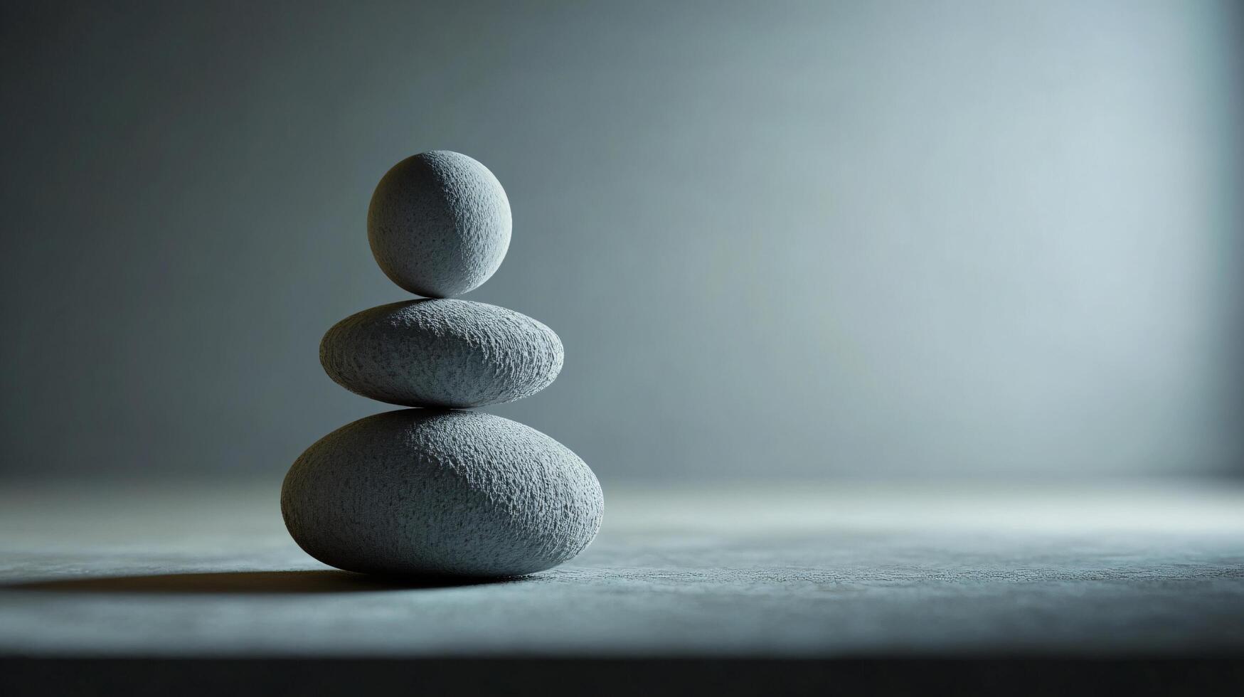 A stack of three rocks on a grey surface photo