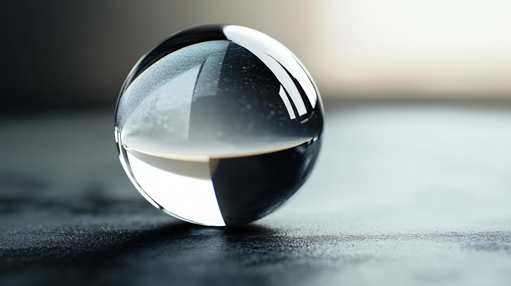 A clear glass ball sits on a black surface photo