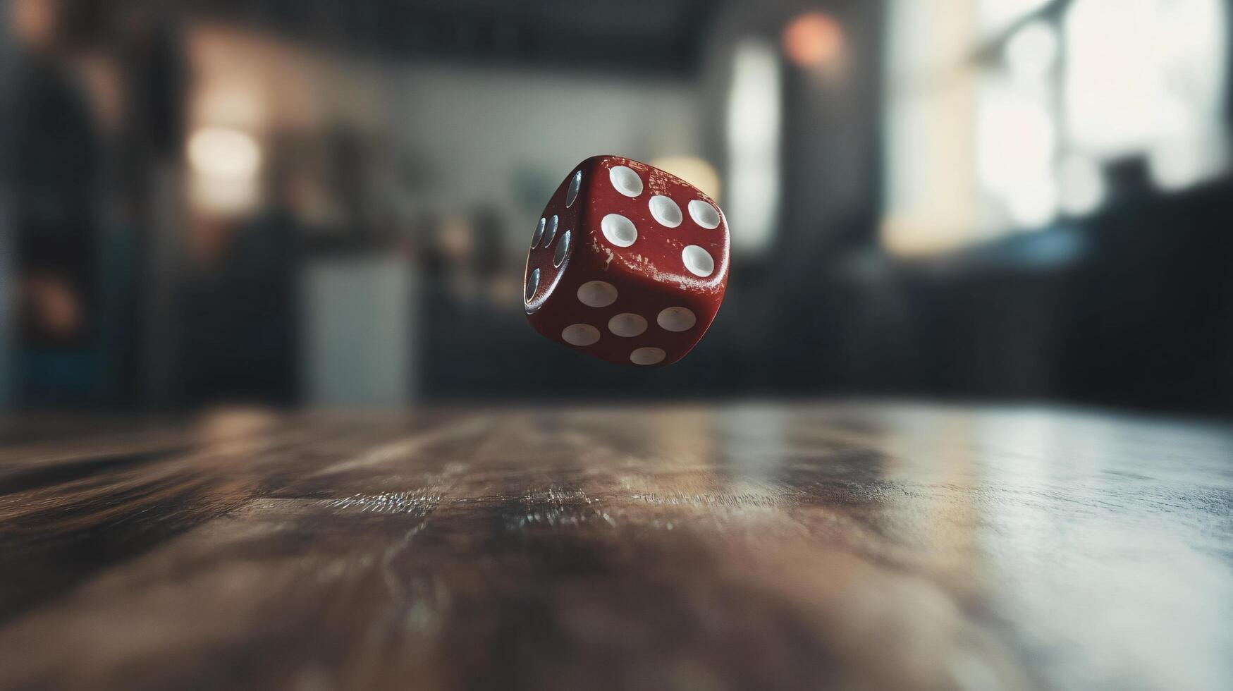 A red die is floating in the air above a wooden table photo