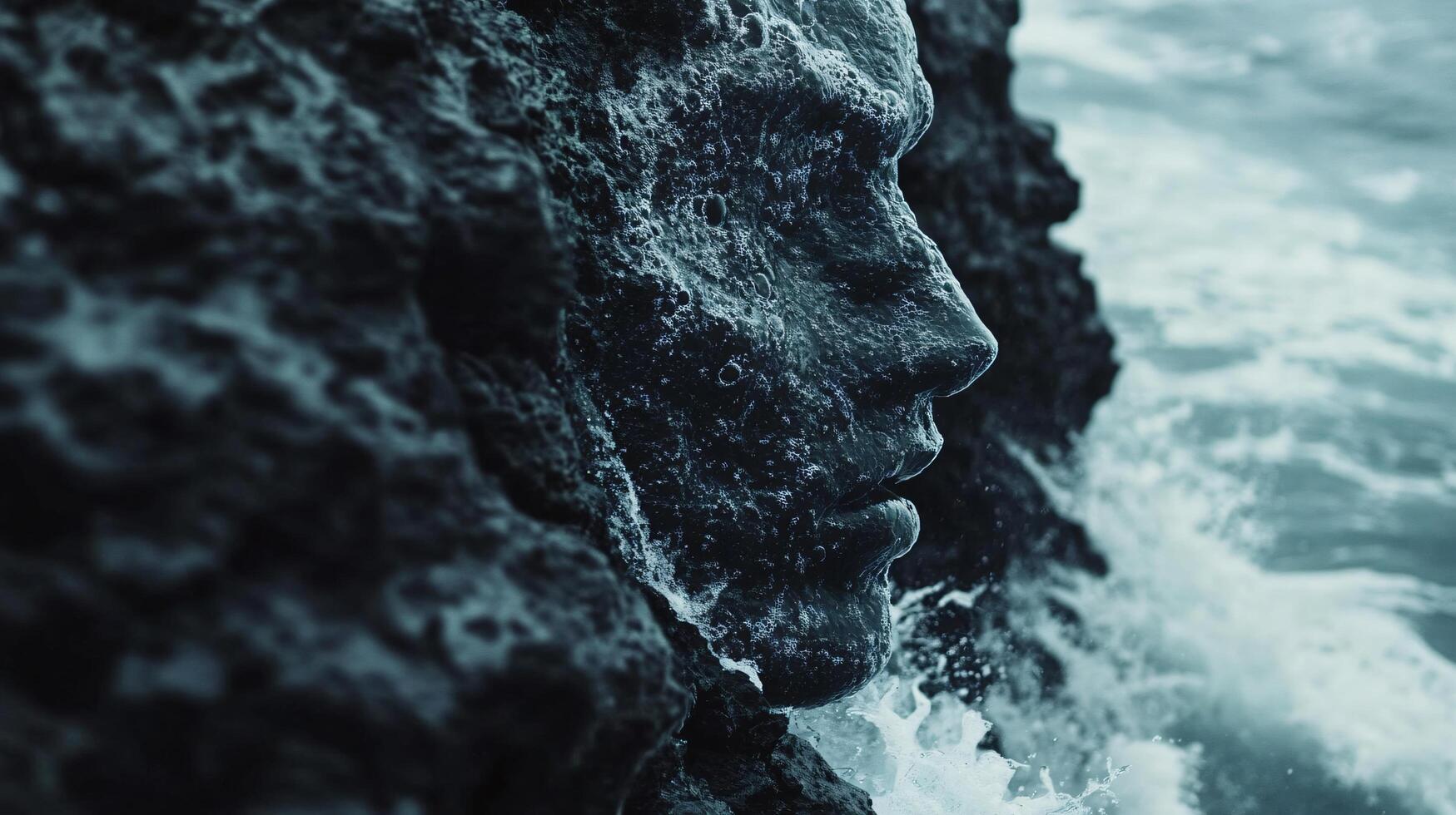 A face carved into a rock is surrounded by water photo