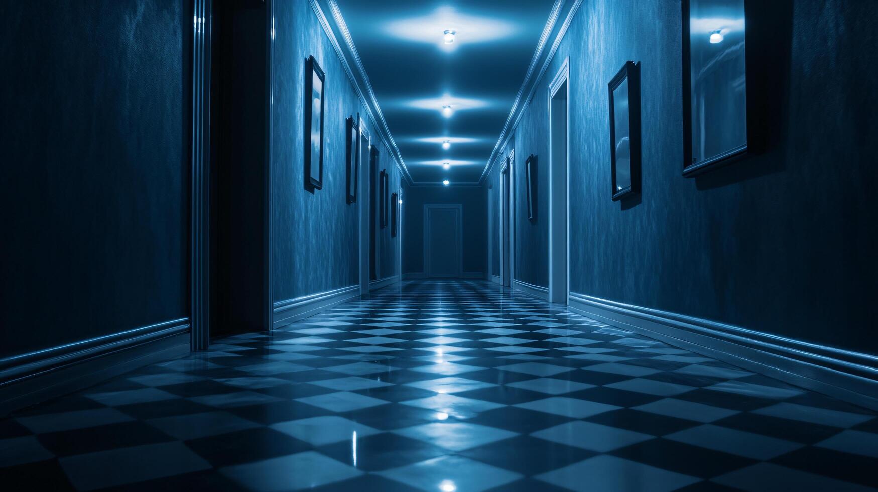 A long hallway with blue walls and a checkered floor photo