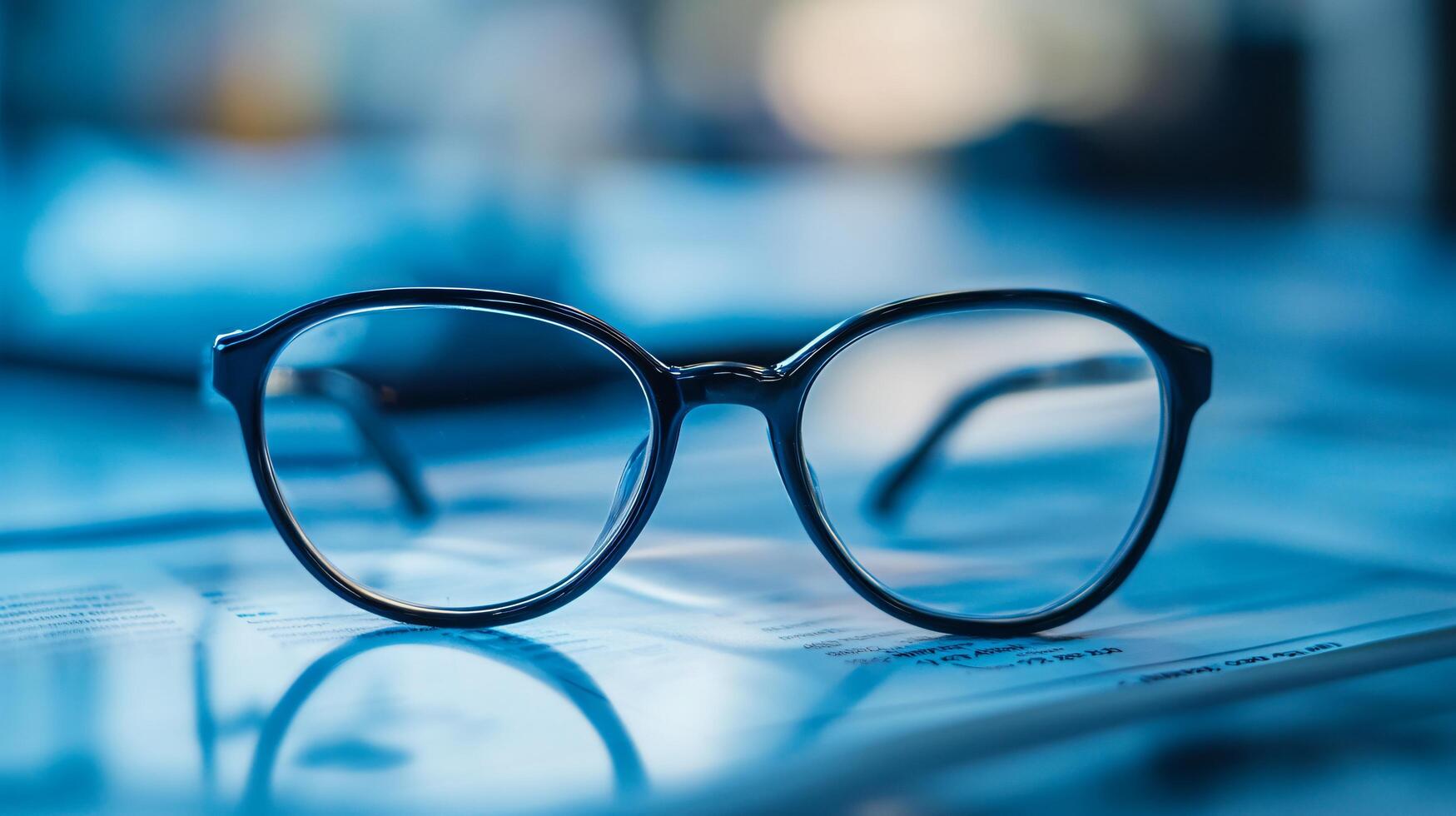 A pair of glasses is sitting on a table photo