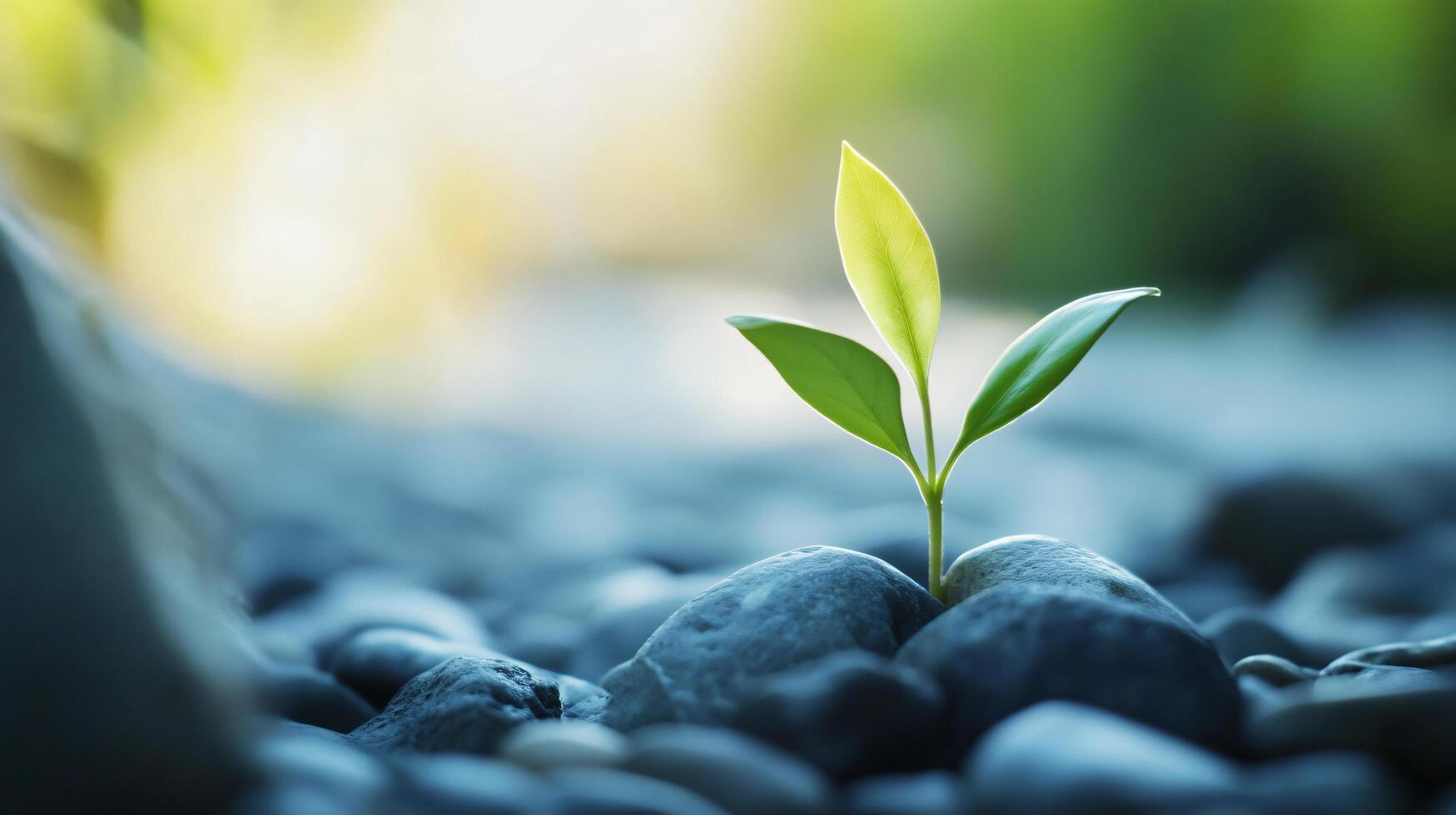 A small green plant is growing in a rocky area photo