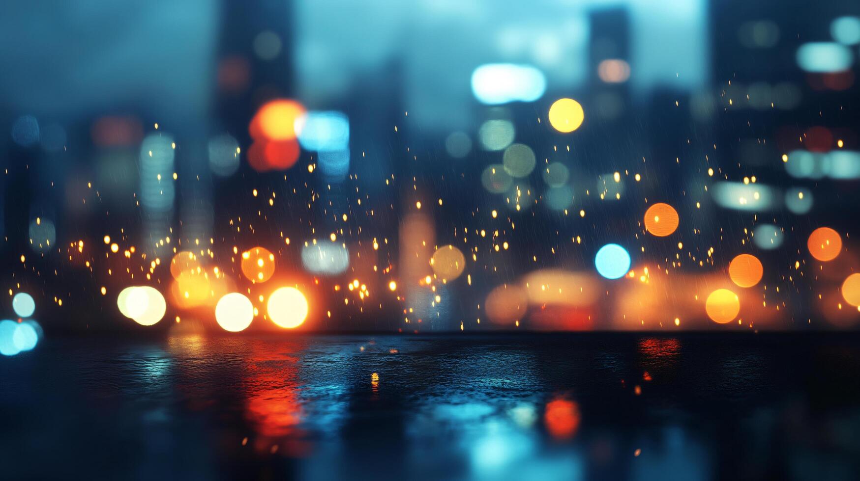 A city skyline with a blurry background and a lot of lights photo