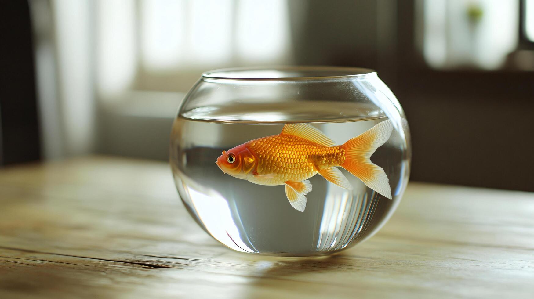 A goldfish is swimming in a clear glass bowl on a wooden table photo