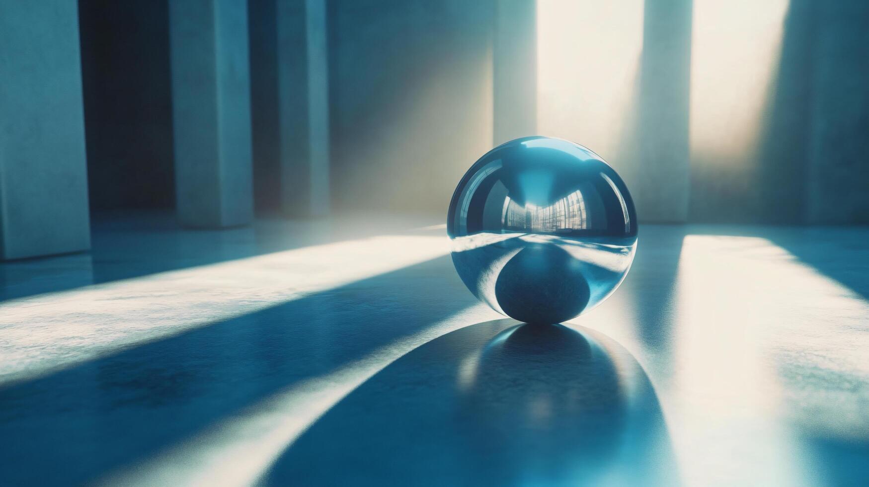 A shiny, reflective ball sits on a floor in a room photo