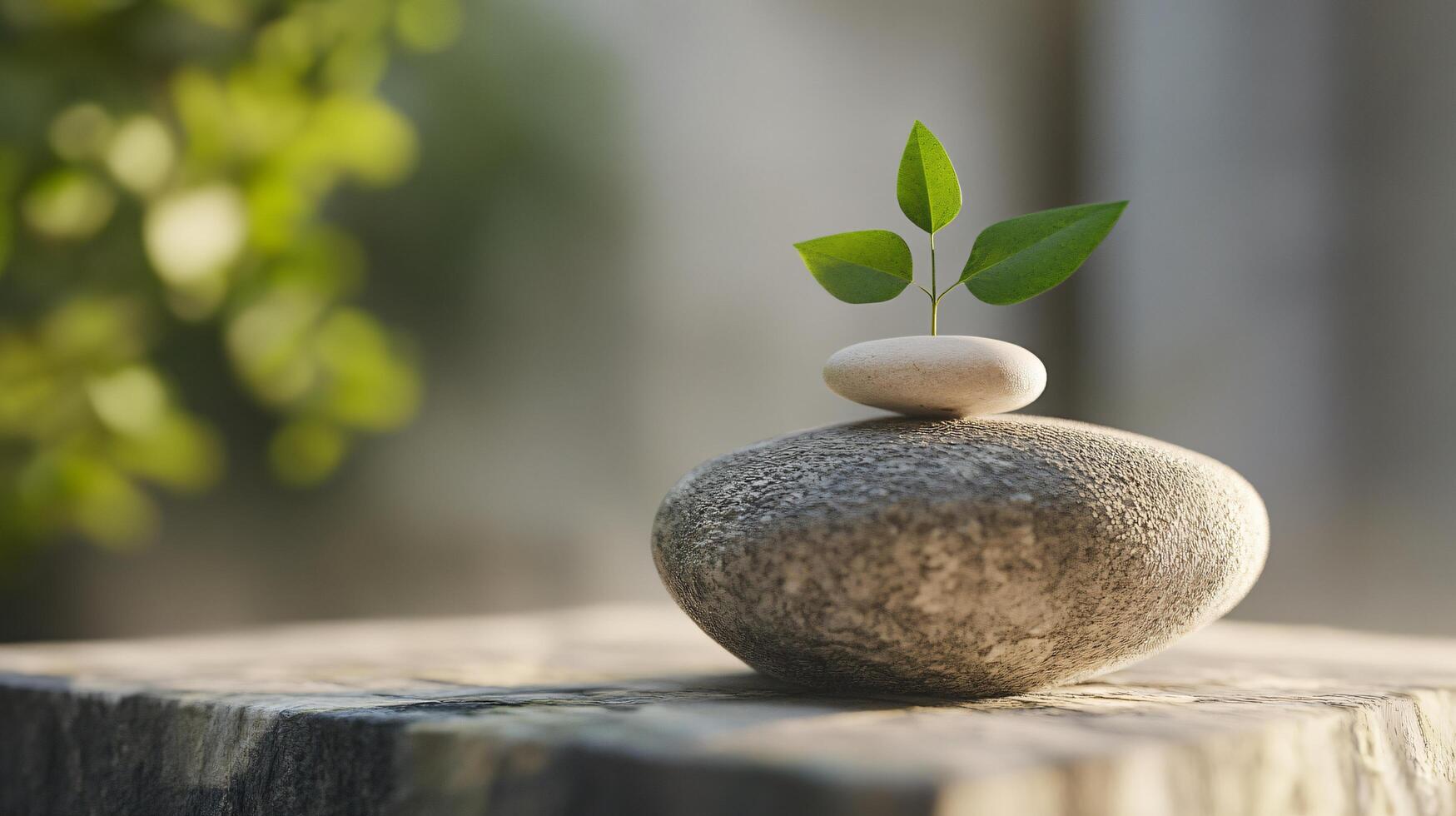 A small green plant is growing on top of a large rock photo