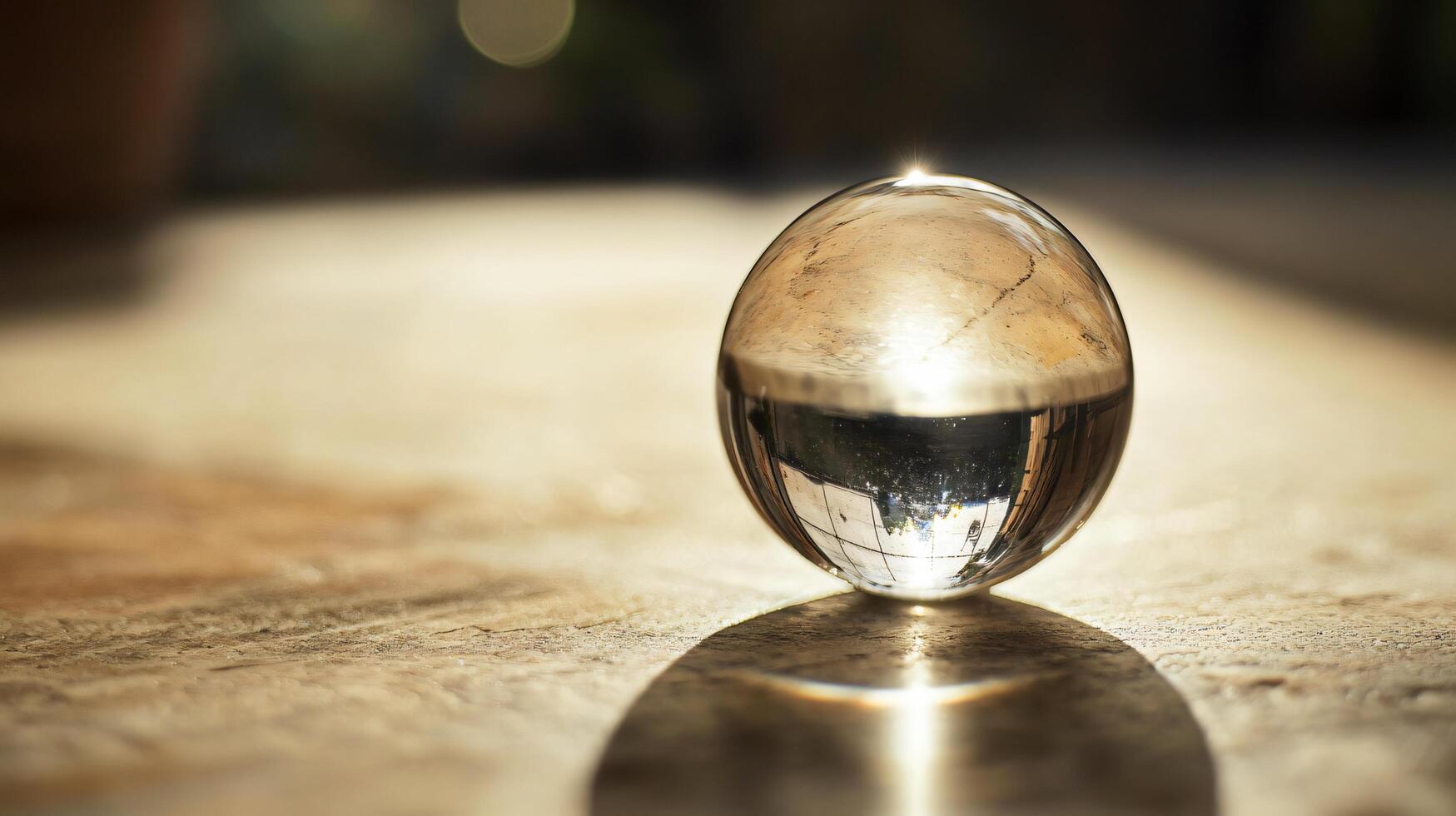 A clear ball is sitting on a table photo