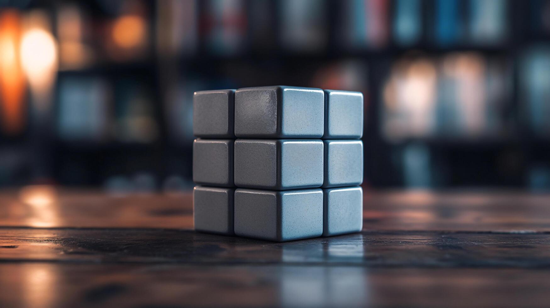 A cube made of small cubes is sitting on a wooden table photo