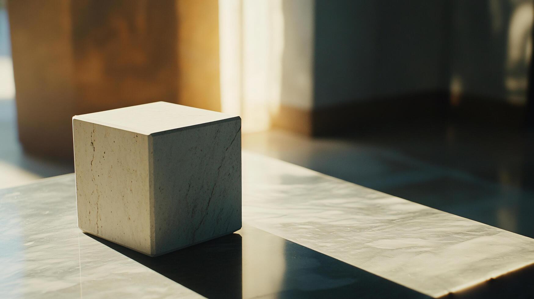 A white cube is sitting on a marble table photo