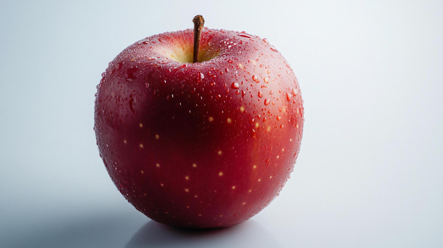 A red apple with a stem is sitting on a white surface photo