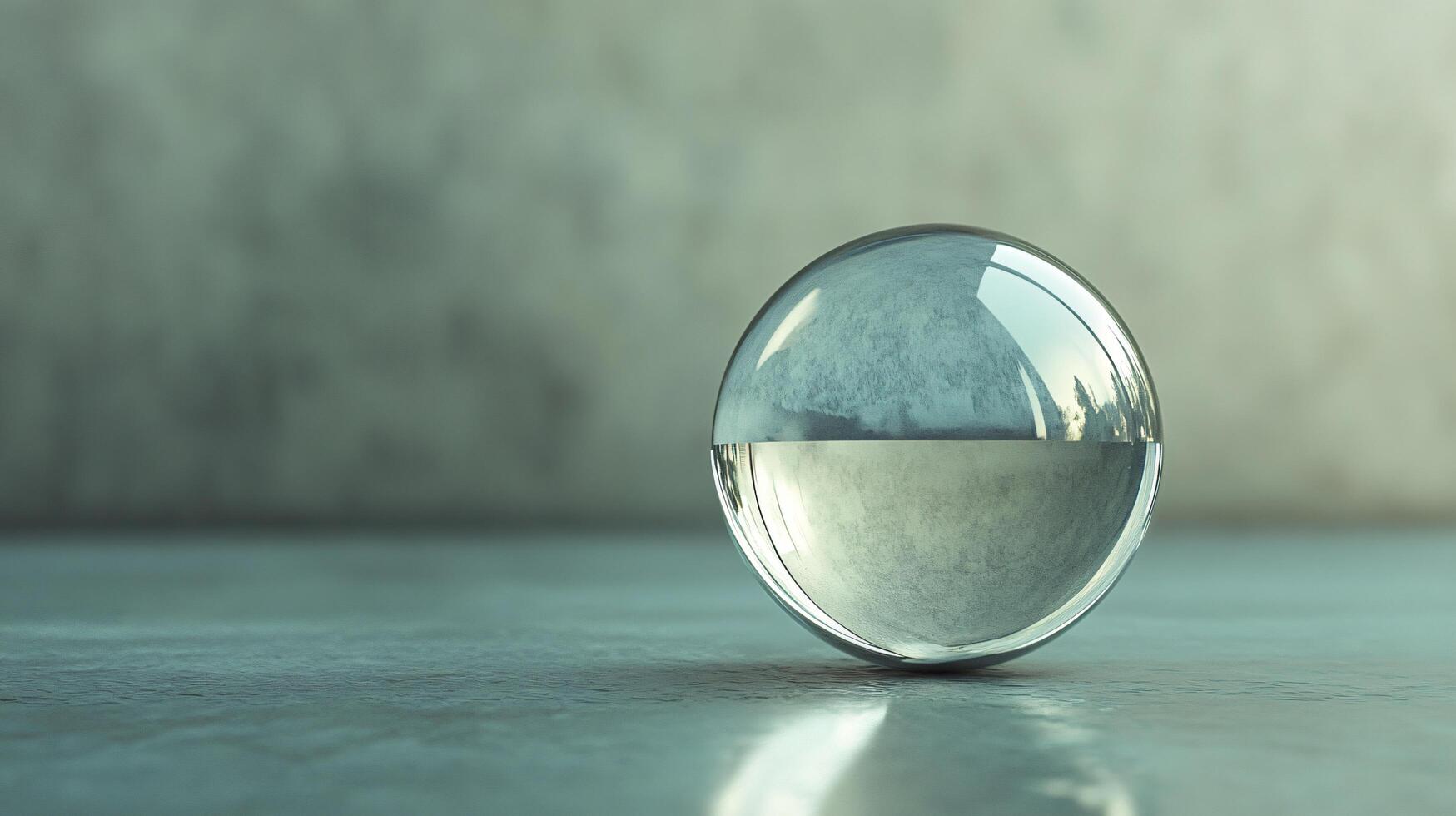 A clear glass ball sits on a grey surface photo