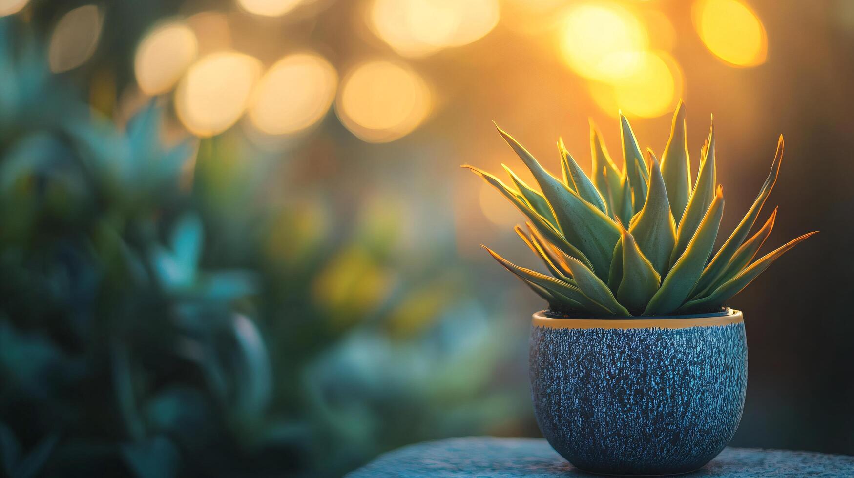 A small potted plant sits on a rock, surrounded by green foliage photo