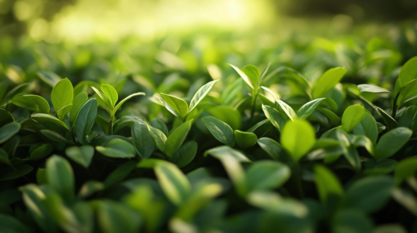 A lush green field of plants with a bright sun shining on them photo