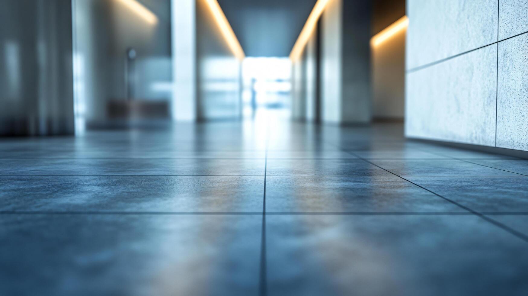 A hallway with a person walking in the middle photo