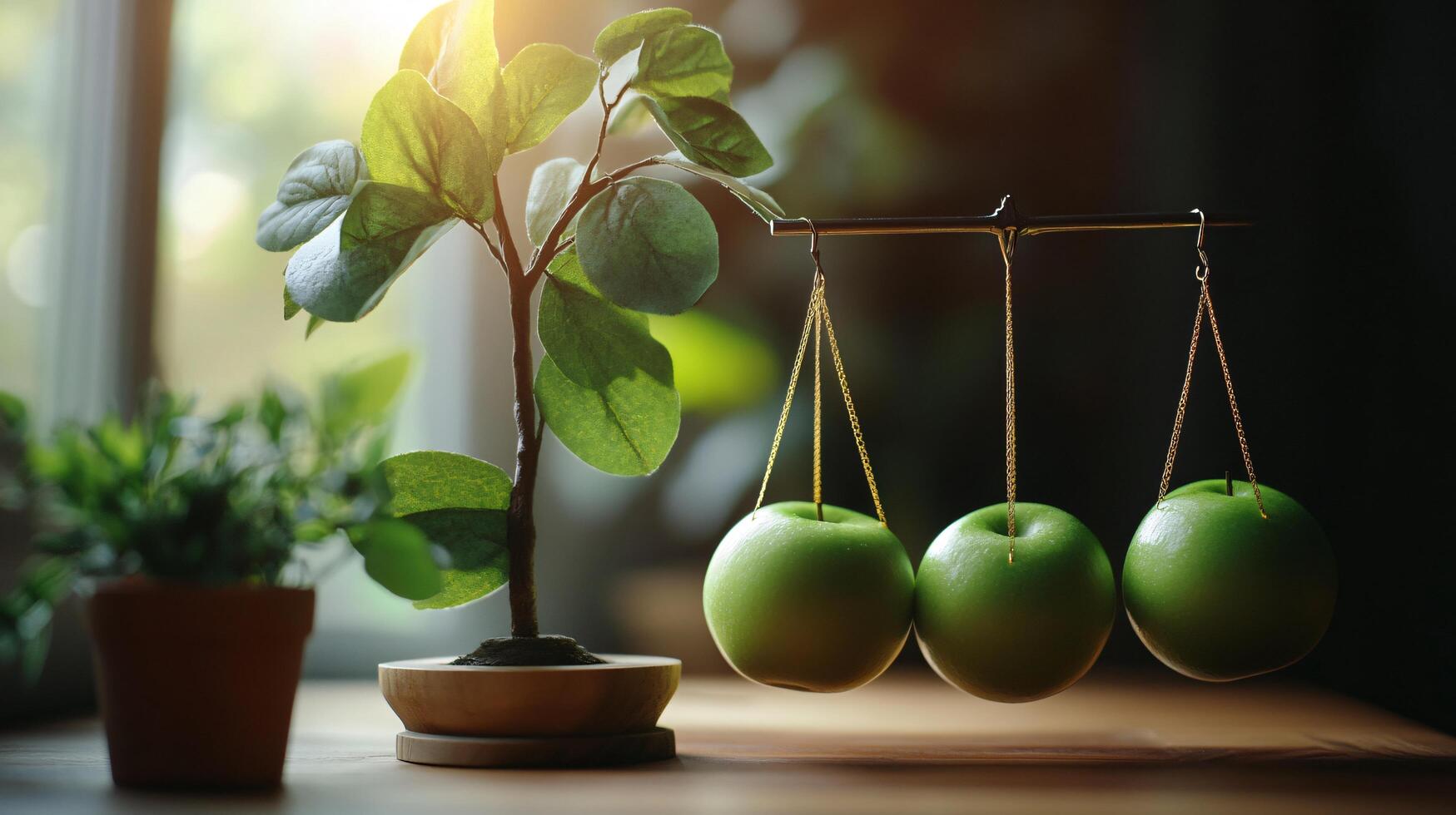A potted plant with a tree branch and four green apples hanging from a scale photo