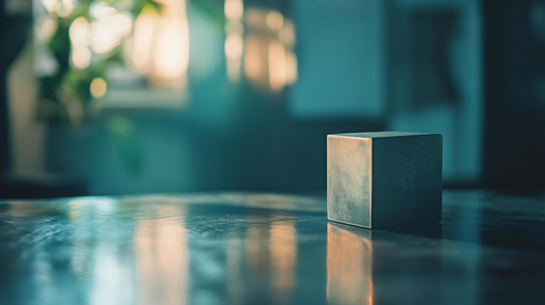 A cube is sitting on a table in front of a window photo
