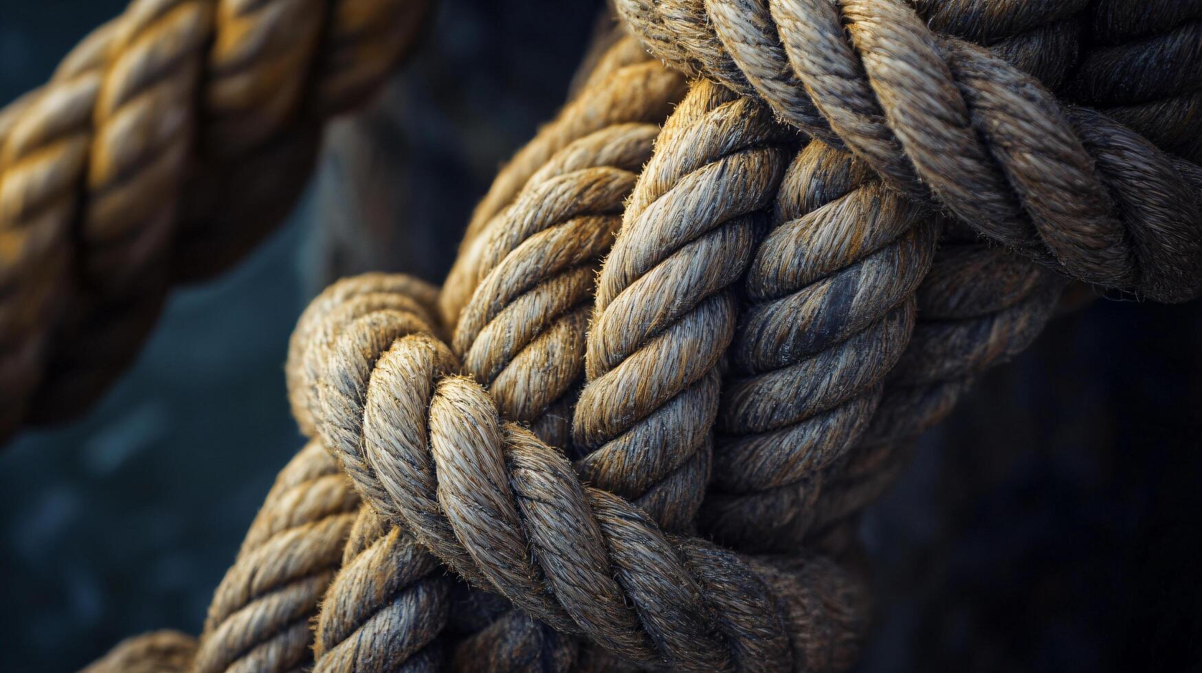 A rope is twisted and knotted, with a few strands hanging loose photo