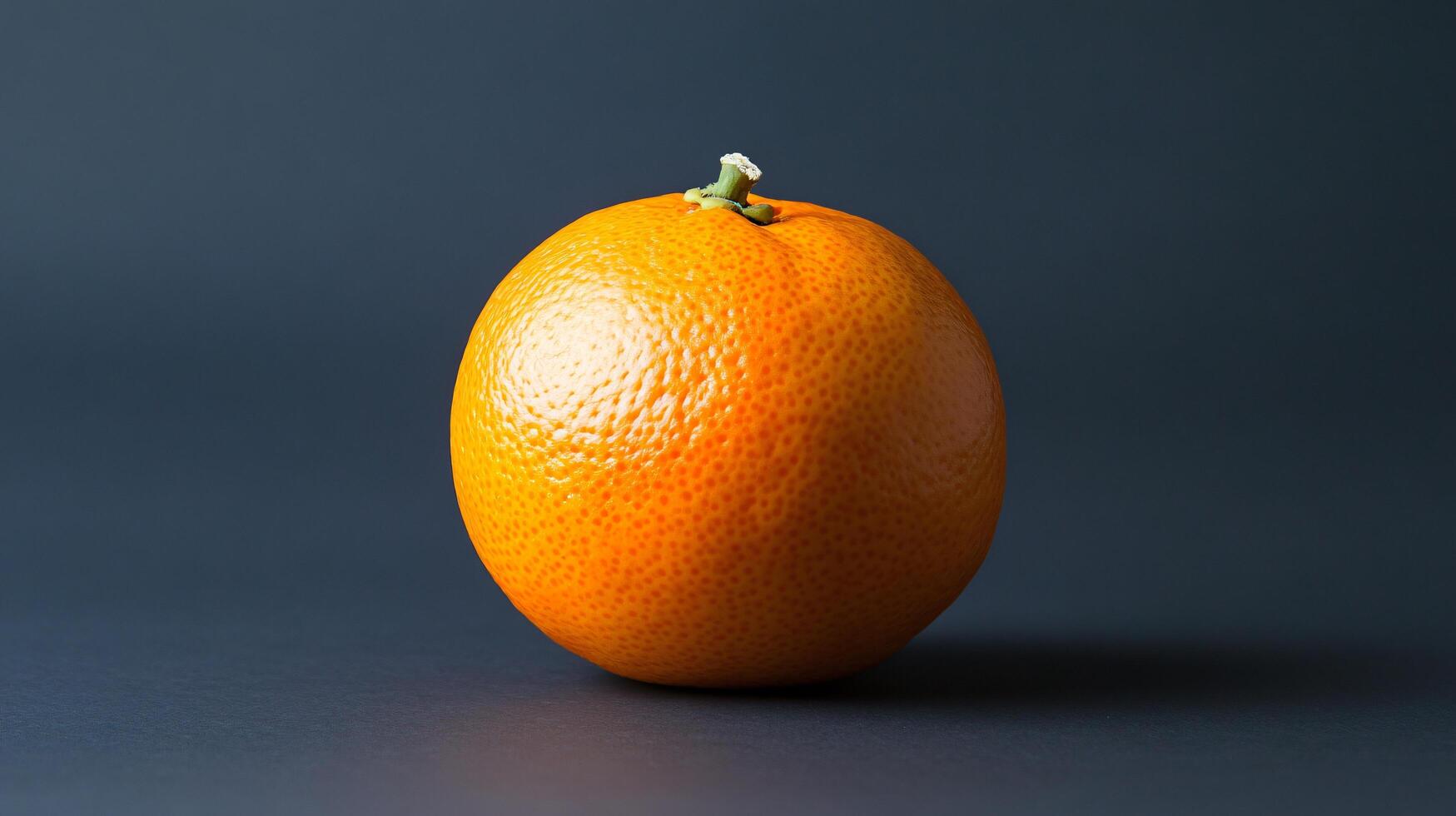 A large orange sits on a dark surface photo