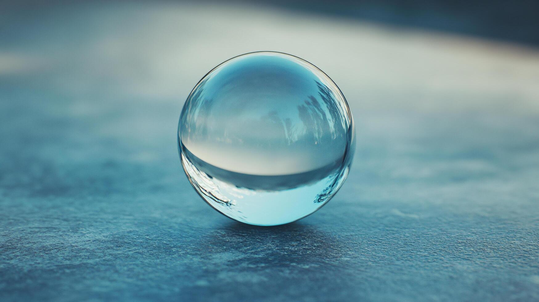 A clear glass ball sits on a blue surface photo