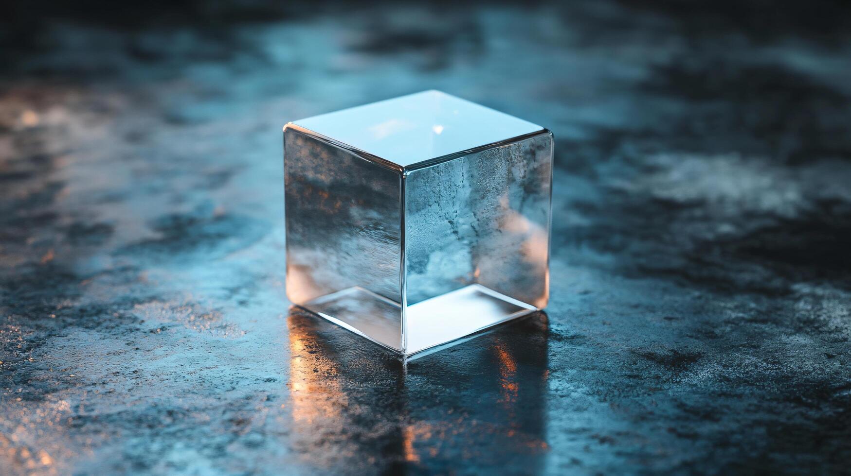 A cube made of ice is sitting on a dark surface photo