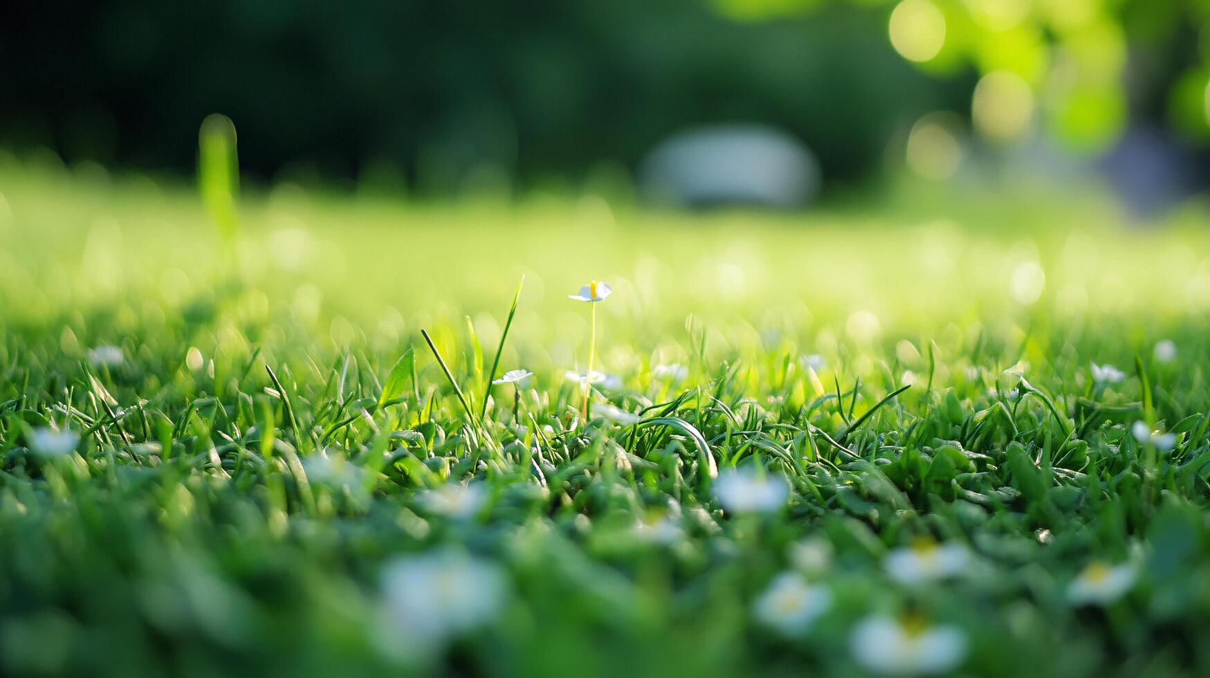 A field of grass with a single flower in the middle photo