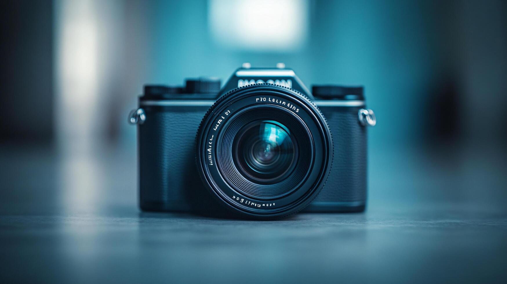 A camera lens is shown in a blue background photo