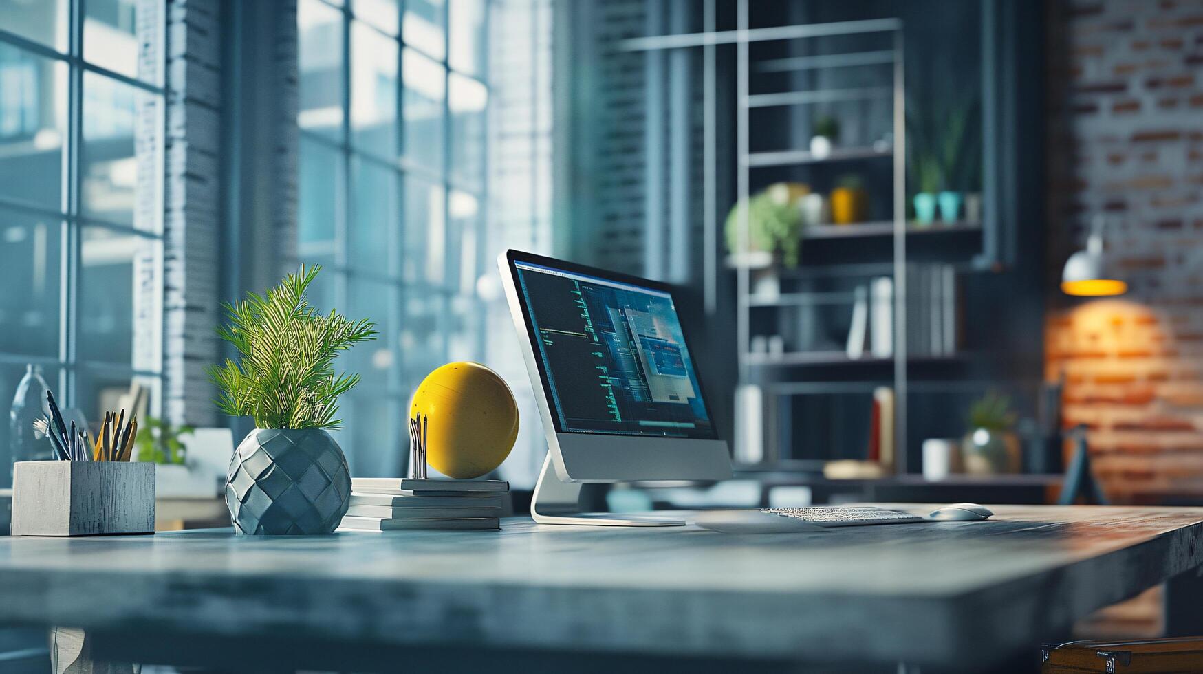 A computer desk with a laptop, a potted plant, and a vase with a yellow ball photo