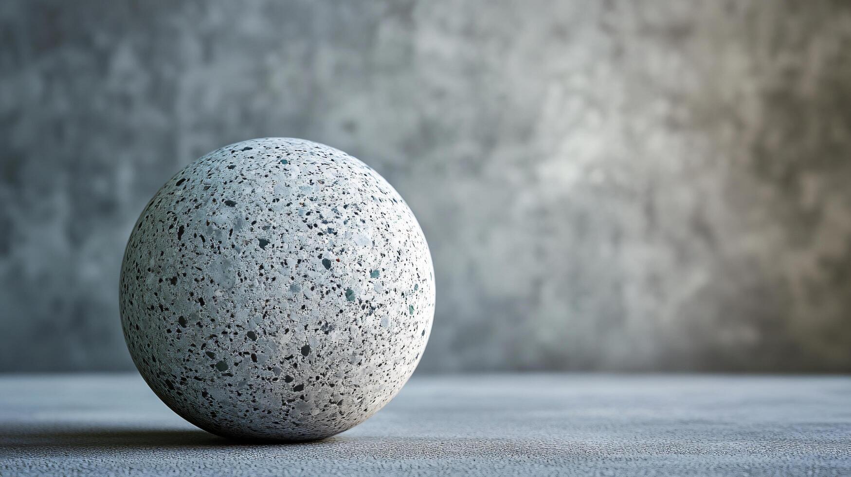 A grey stone ball sits on a grey surface photo