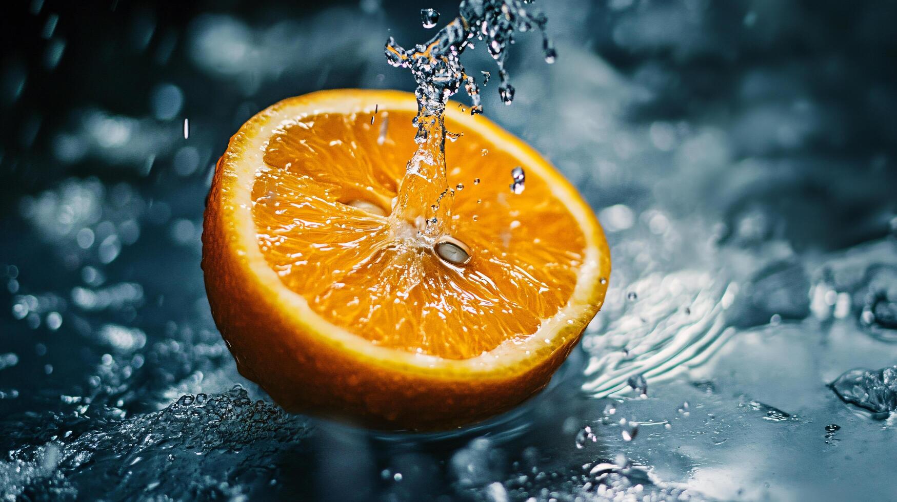 A slice of orange is floating in a pool of water photo