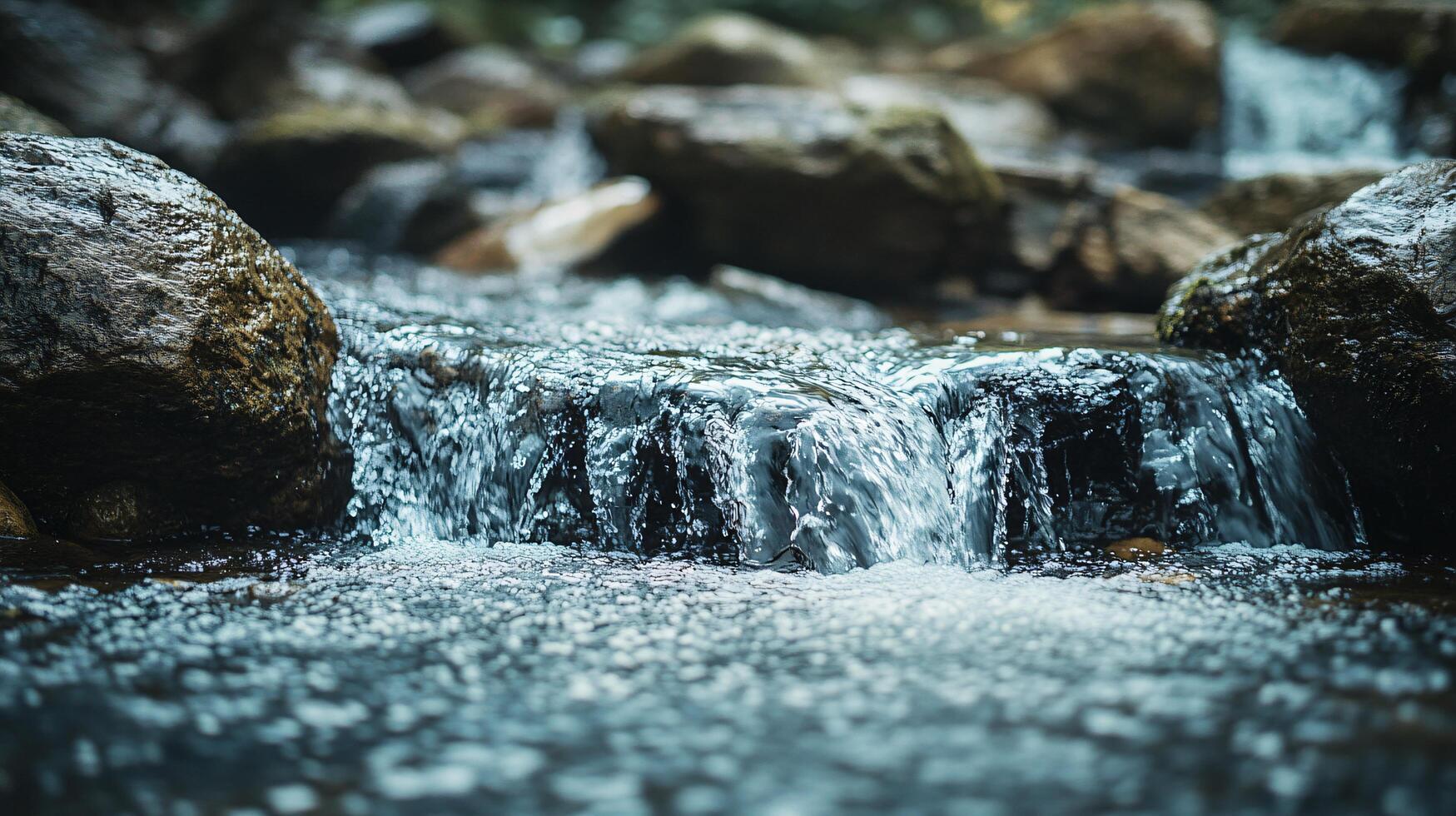 A small stream of water flows between two large rocks photo