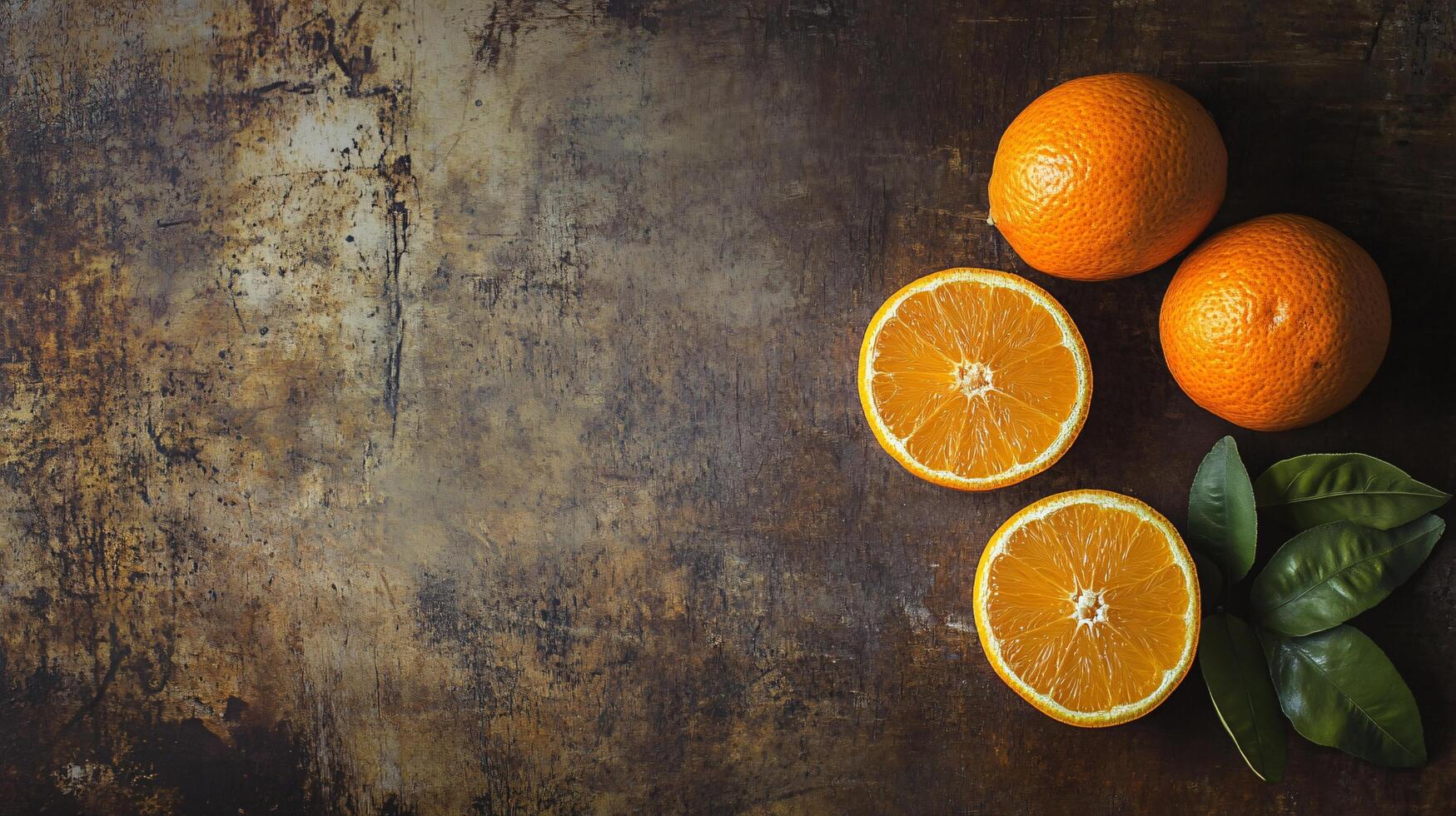 A close up of two oranges and a leaf on a table photo