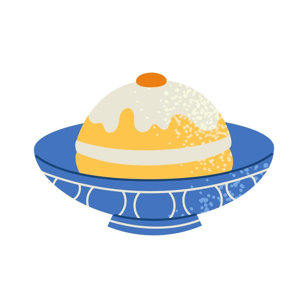 Hanukkah sufganiyot on plate. Traditional donuts for jewish holiday of Hanukkah. Flat illustration isolated on white background. vector