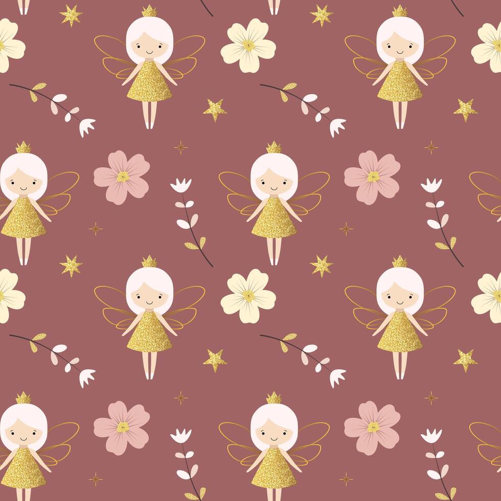 Seamless pattern with cute fairies in golden dresses and flowers. Fairy tale background. Cartoon patterns. vector