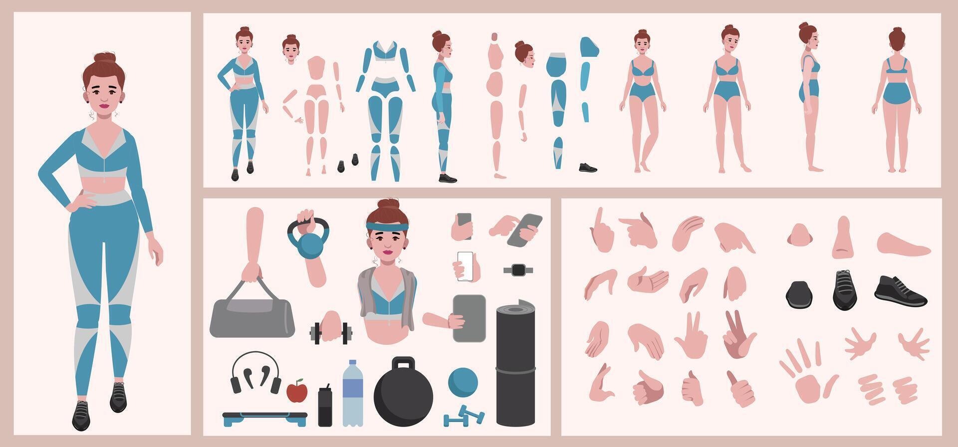 Fitness sport woman constructor suitable for animation. Generator of diverse eyes, lips, emotion expressions mouth animation and lip sync. Yoga woman character face and body construction. vector