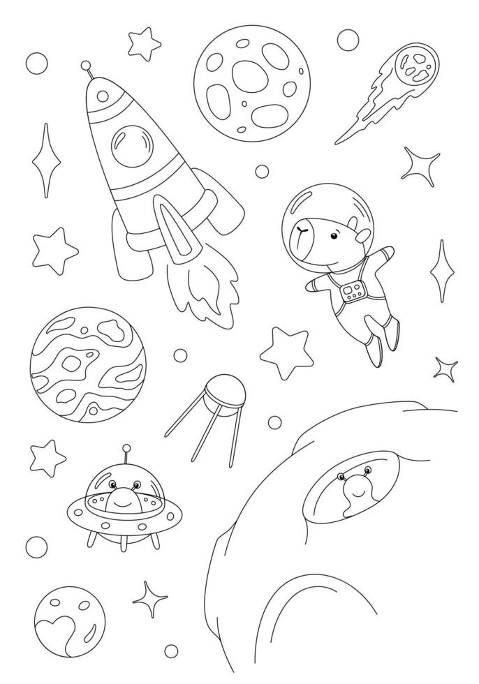 Coloring page with capybara astronaut, rocket, moon, alien and stars. template for children coloring book, print and poster. vector