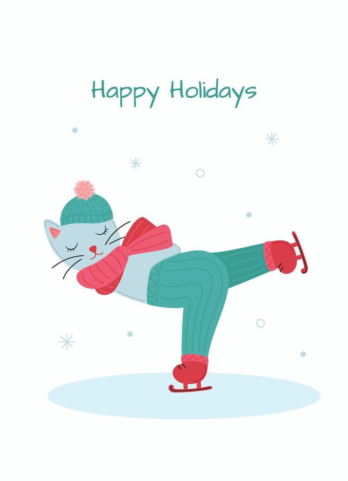 Winter holidays greeting card with cute cat on skates. hand drawn illustration for New Year or Christmas card or poster template. vector