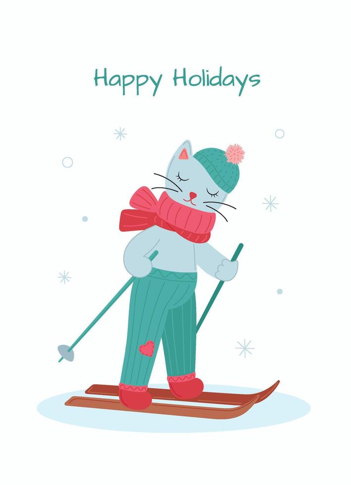 Winter holidays greeting card with cute cat on skis. hand drawn illustration for New Year or Christmas card or poster template. vector