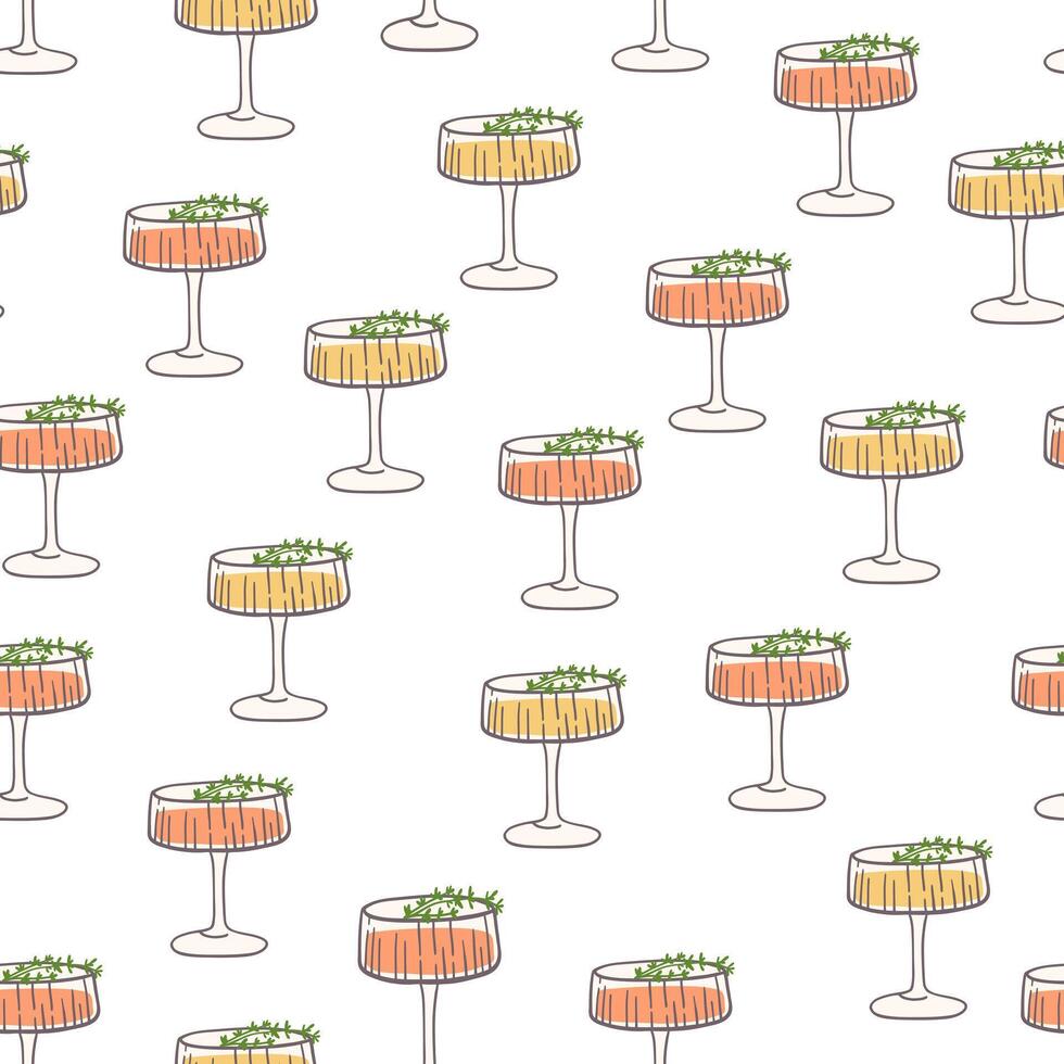 Hand drawn colorful cocktail seamless pattern in retro style. Festive drink on white background. Design for bar menu, New Year party, textile, wrapping paper vector