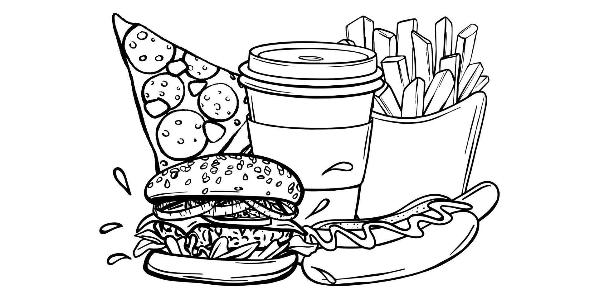 Set illustration Fast Food. Paper Coffee Cup, Pizza, Burger, French fries and Hot dog sketch in Black and White style. Hand drawn Street Food outline. Menu design template for cafe and showcase vector